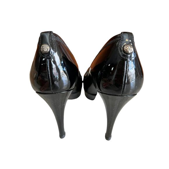 Stuart Weitzman Black Patent Leather Peep Toe Platform Heels 7 - Picture 6 of 10